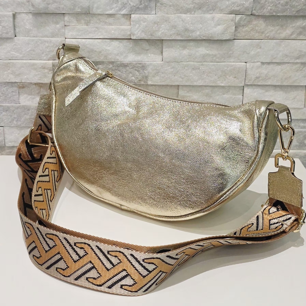 Metallic Gold Crescent Crossbody Bag with Patterned Strap